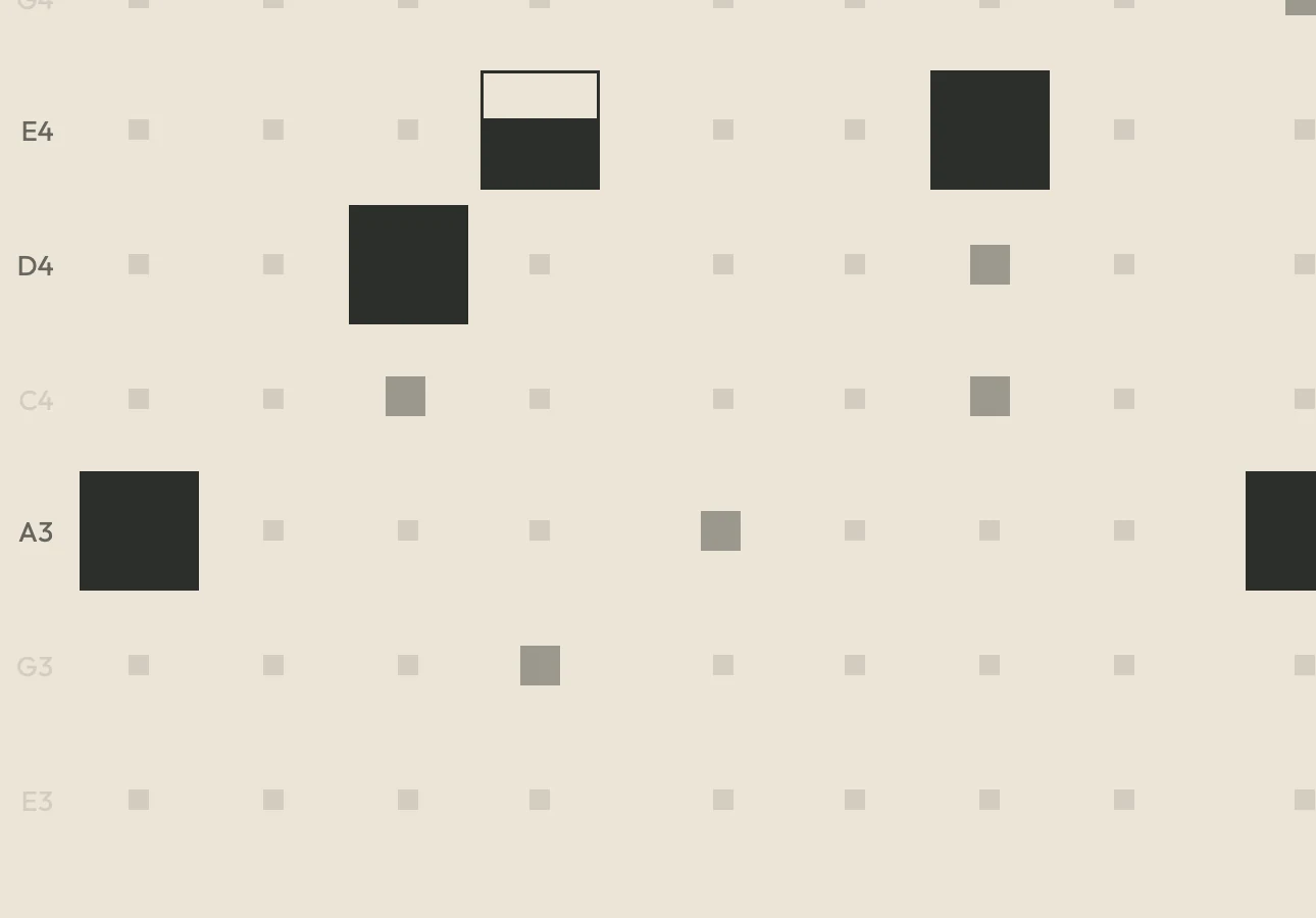 Close-up of the grid: filled notes, faint dots from other layers, and notes half-filled by their chance.
