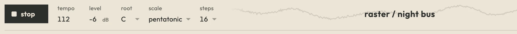 The header: stop button, tempo 112, level −6 dB, root C, scale pentatonic, 16 steps, and the master waveform behind the project name.