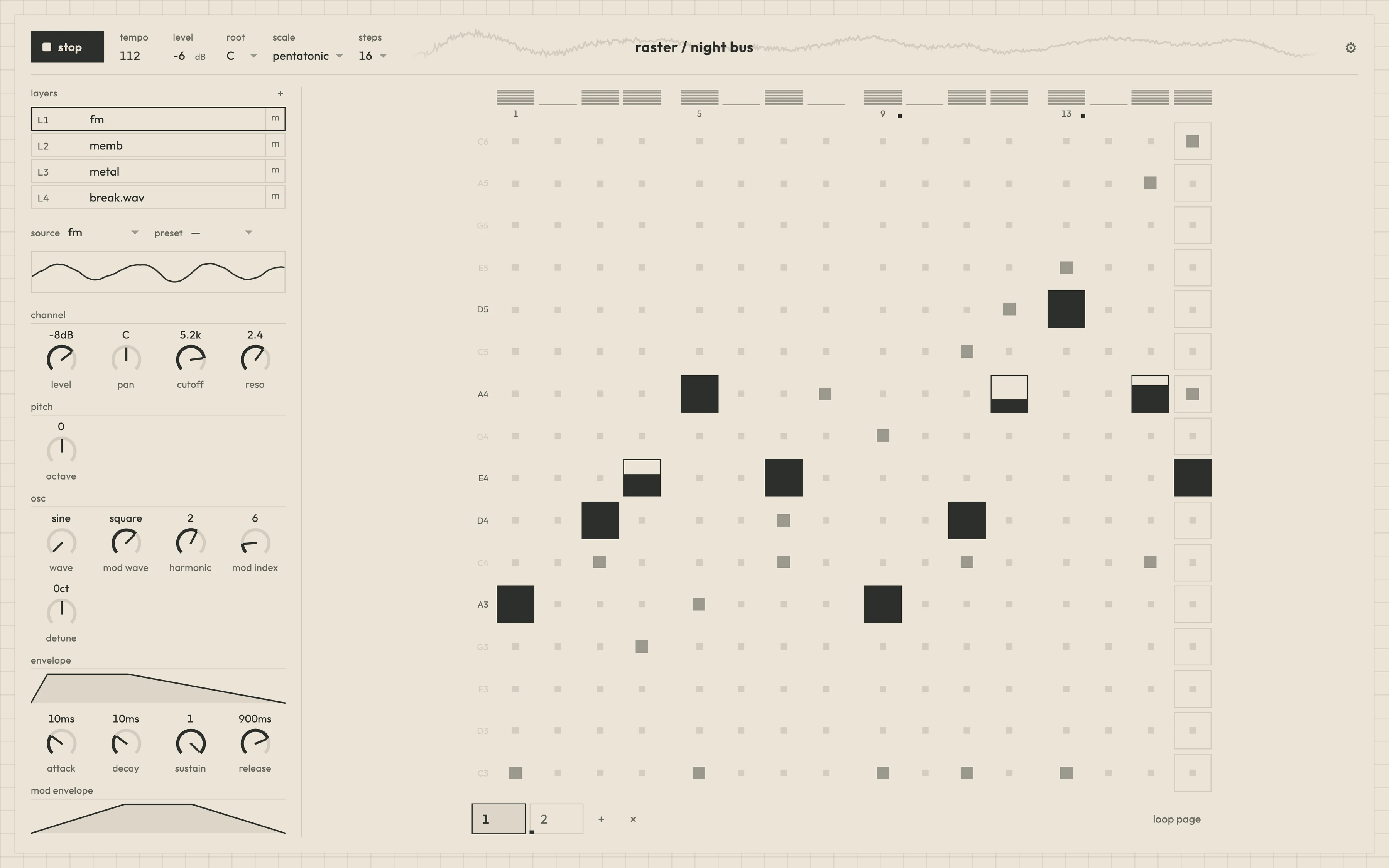 raster playing a four-layer song: transport and project name in the header, layers and FM synth knobs in the sidebar, and the note grid mid-playback.