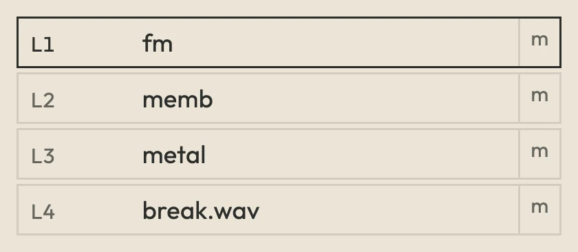 The layer list: fm, memb, metal and break.wav, each with a mute button.