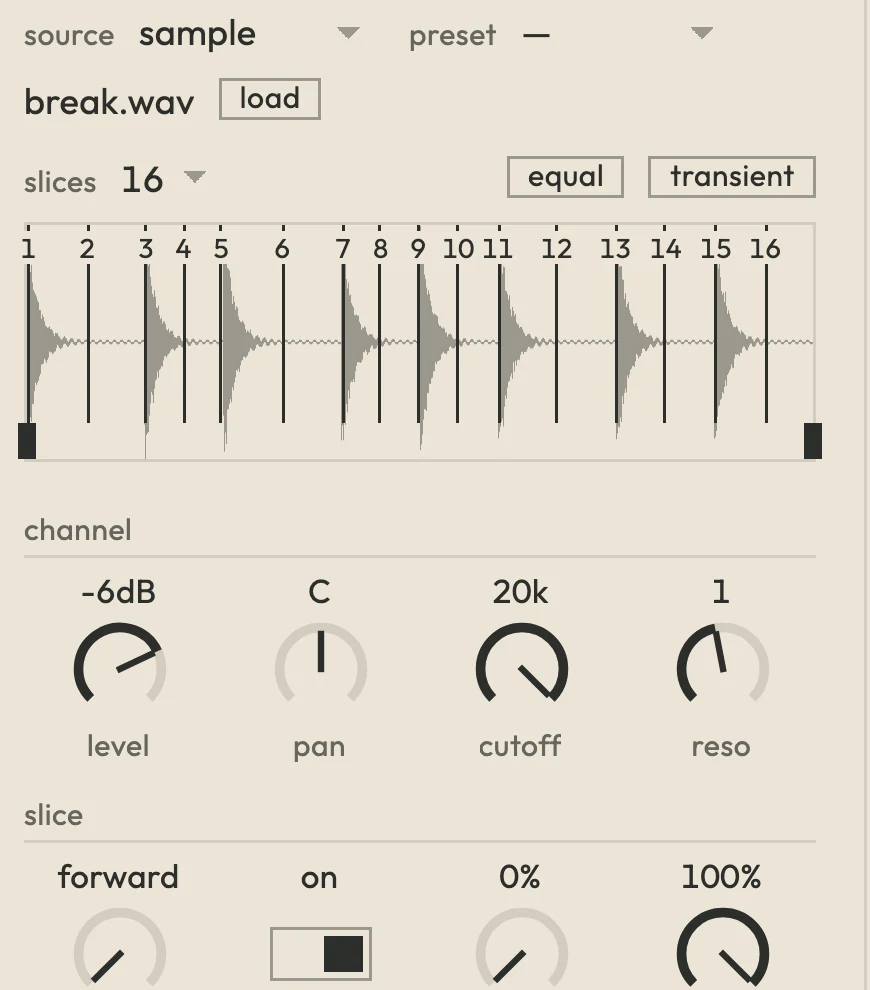 The sample layer's panel: source, file name and load, slice count, equal and transient buttons, the waveform, channel knobs and the first slice controls.