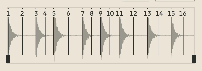The waveform editor: a drum break with 16 numbered slice markers and region handles at both ends.